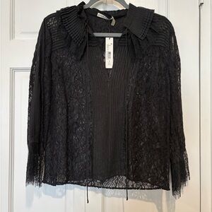 NWT Alice +Olivia black lace pleated long sleeve self tie blouse size M